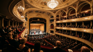 A professional, wide-angle editorial shot of the elegant interior of a historic Wrocław opera house