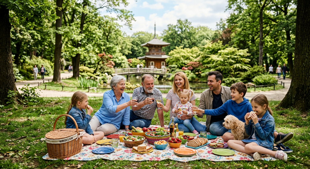 A high-angle editorial photograph of a happy multi-generational family enjoying a vibrant picnic on