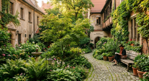 A professional, editorial-style photograph of a lush, secluded urban botanical garden tucked away in