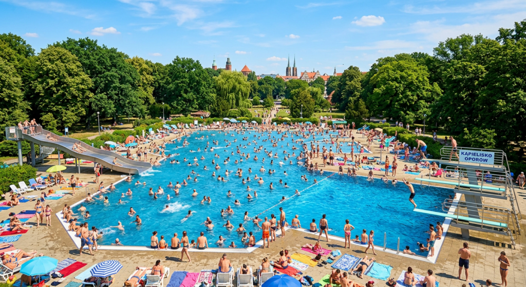 A vibrant, high-angle editorial photograph of a sunny, crowded outdoor swimming pool in Wrocław with