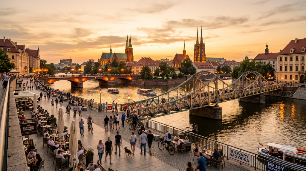 A professional, wide-angle editorial photograph of the Wrocław riverside at golden hour, capturing s