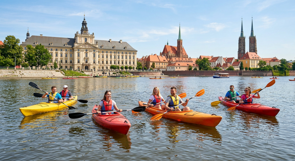 A wide-angle, professional editorial shot of a group of friendly beginners kayaking on the Odra Rive