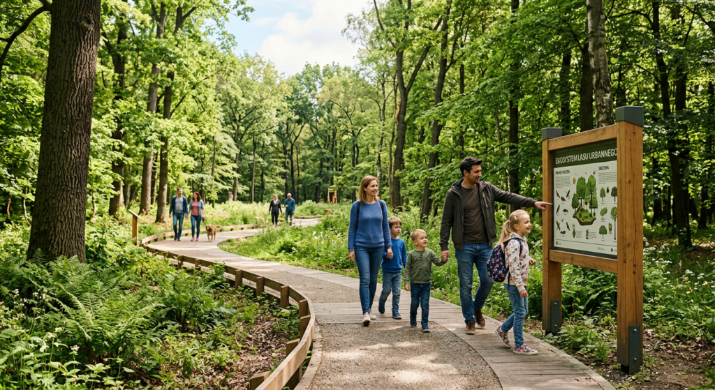 A high-quality, editorial-style photograph of a modern, well-maintained educational trail winding th
