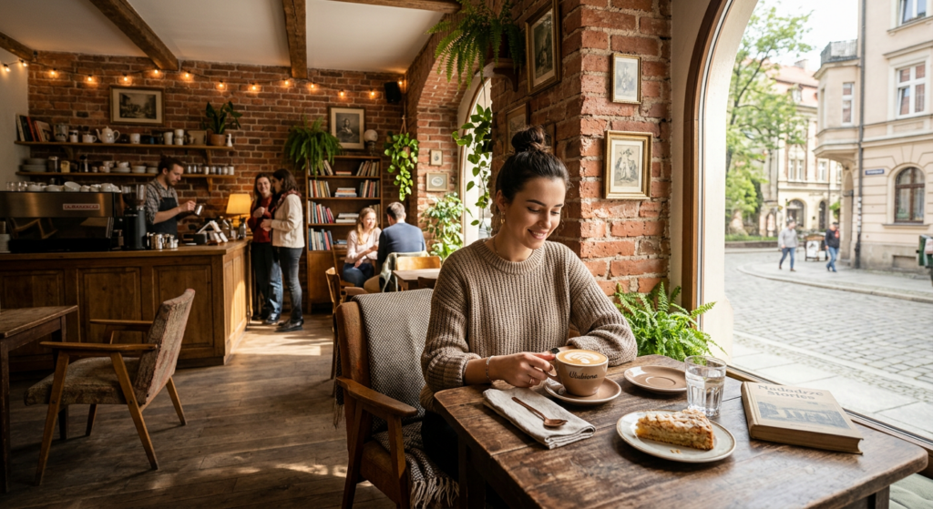A cozy, sunlit interior of a charming, hidden boutique cafe in Wrocław’s Nadodrze district, featurin