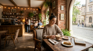 A cozy, sunlit interior of a charming, hidden boutique cafe in Wrocław’s Nadodrze district, featurin