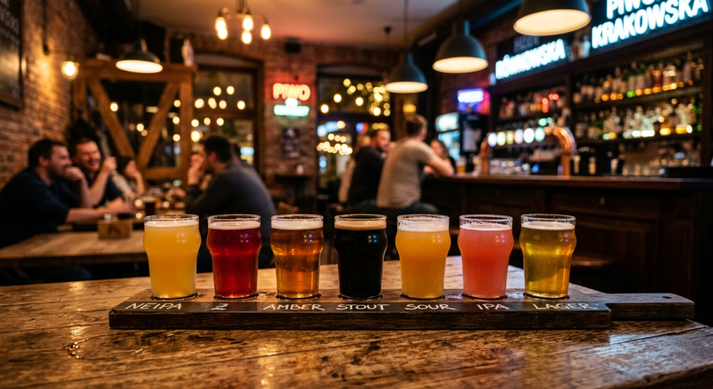 A high-end editorial photograph of a flight of colorful craft beer glasses on a rustic wooden table,