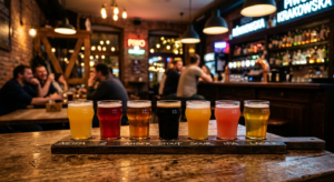 A high-end editorial photograph of a flight of colorful craft beer glasses on a rustic wooden table,