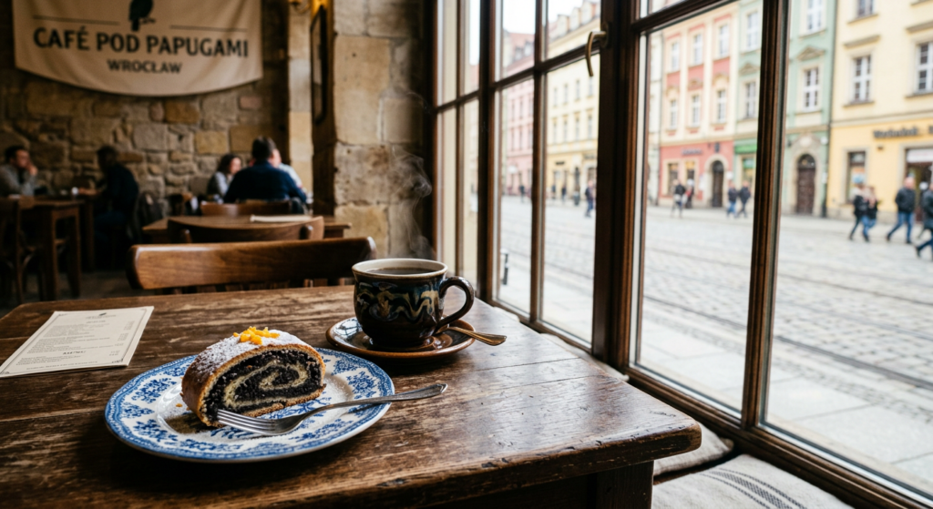 A professional, editorial-style photograph featuring an elegant, traditional pastry displayed on a v