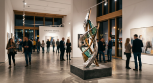 A high-quality, atmospheric editorial photograph of a modern, brightly lit art gallery interior in W