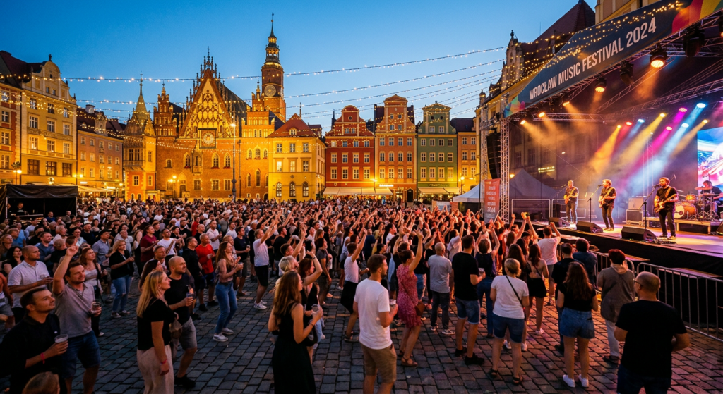 A vibrant, professional editorial shot of a lively open-air music festival taking place in Wrocław’s