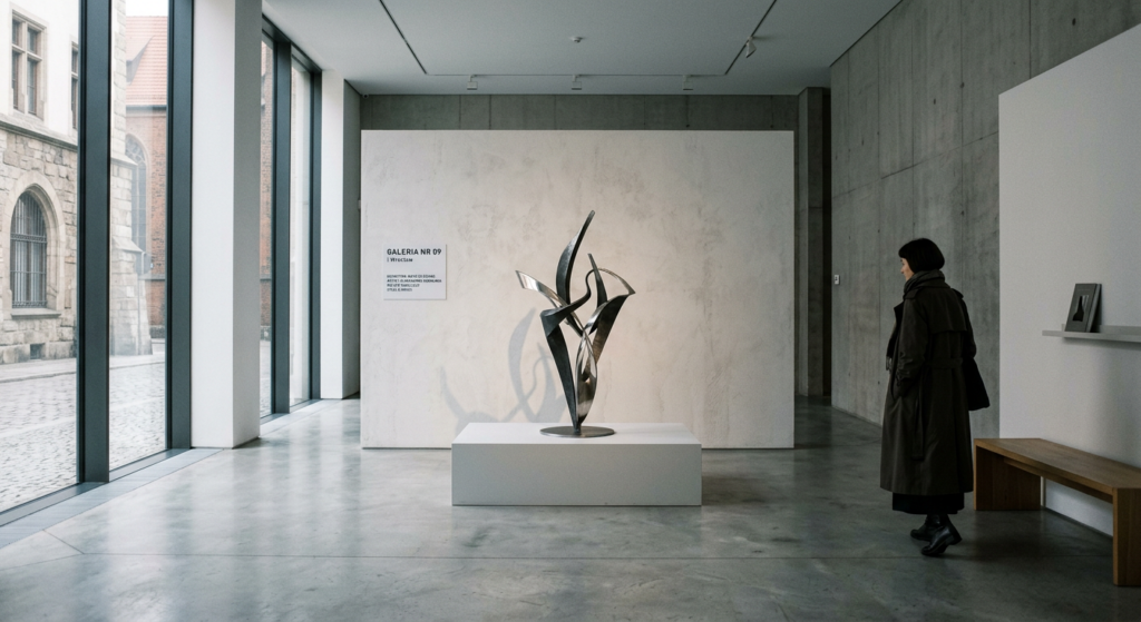 A sophisticated, atmospheric shot of a minimalist contemporary art gallery in Wrocław, featuring sof
