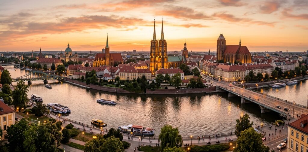 A stunning golden hour panoramic view of Wrocław's historic city skyline and Oder river, captured wi