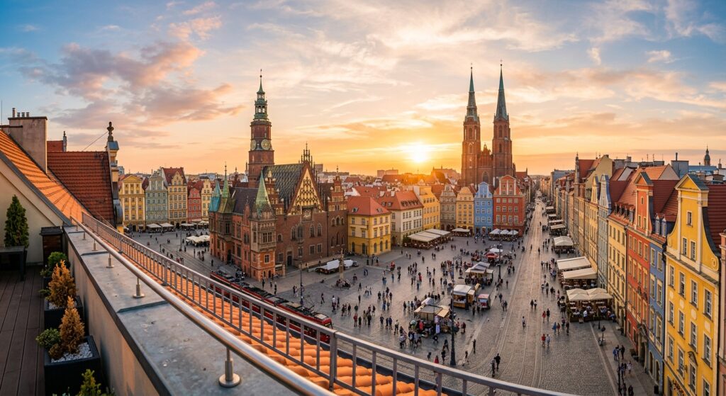 A breathtaking, professional editorial photograph capturing the vibrant Wroclaw Market Square from a